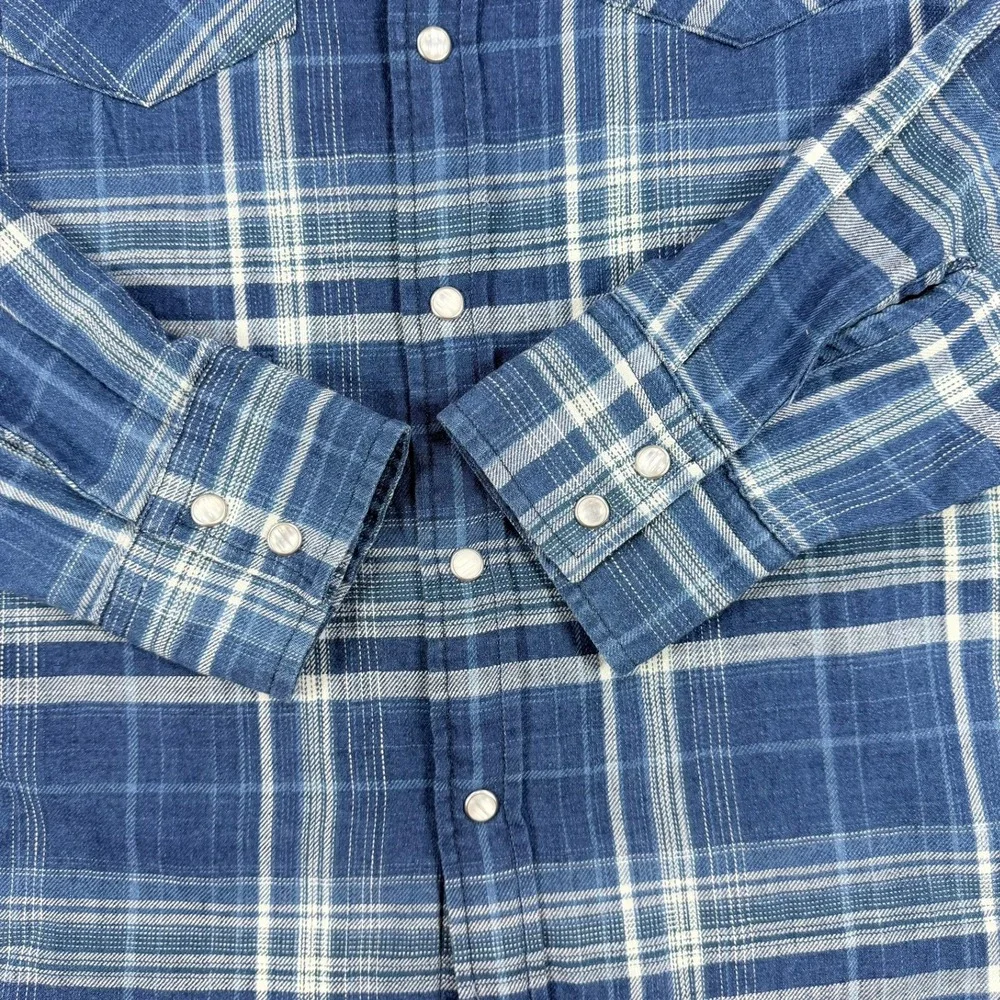 Levi Mens S‎ Blue Plaid Cotton Western Standard Fit Pearl Snap Long Sleeve Shirt